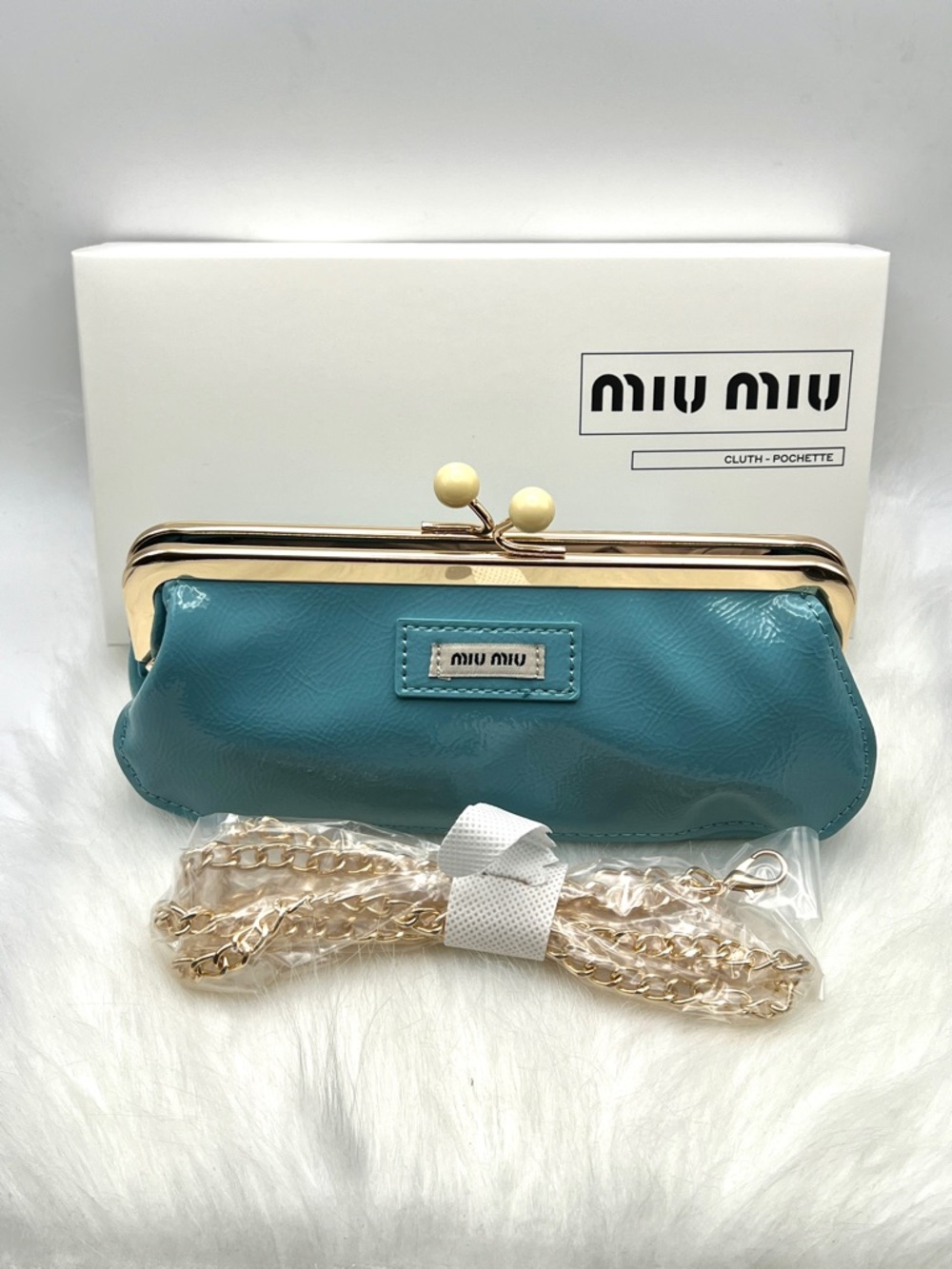Miu Miu Teal Leather Kiss-Lock Clutch with Gold Chain NEW